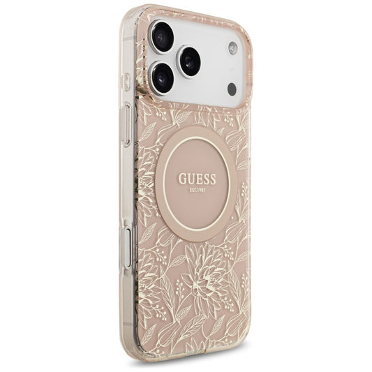 Custodia MagSafe per Apple iPhone 17 Pro Max, Guess, IML Flowers Allover Electroplated with Pearl Strap, Rosa