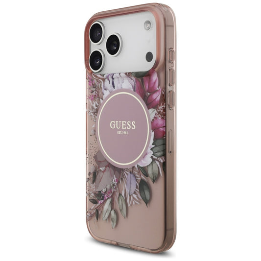 Custodia MagSafe per Apple iPhone 17 Pro Max, Guess, IML Flowers with Pearl Strap, Rosa