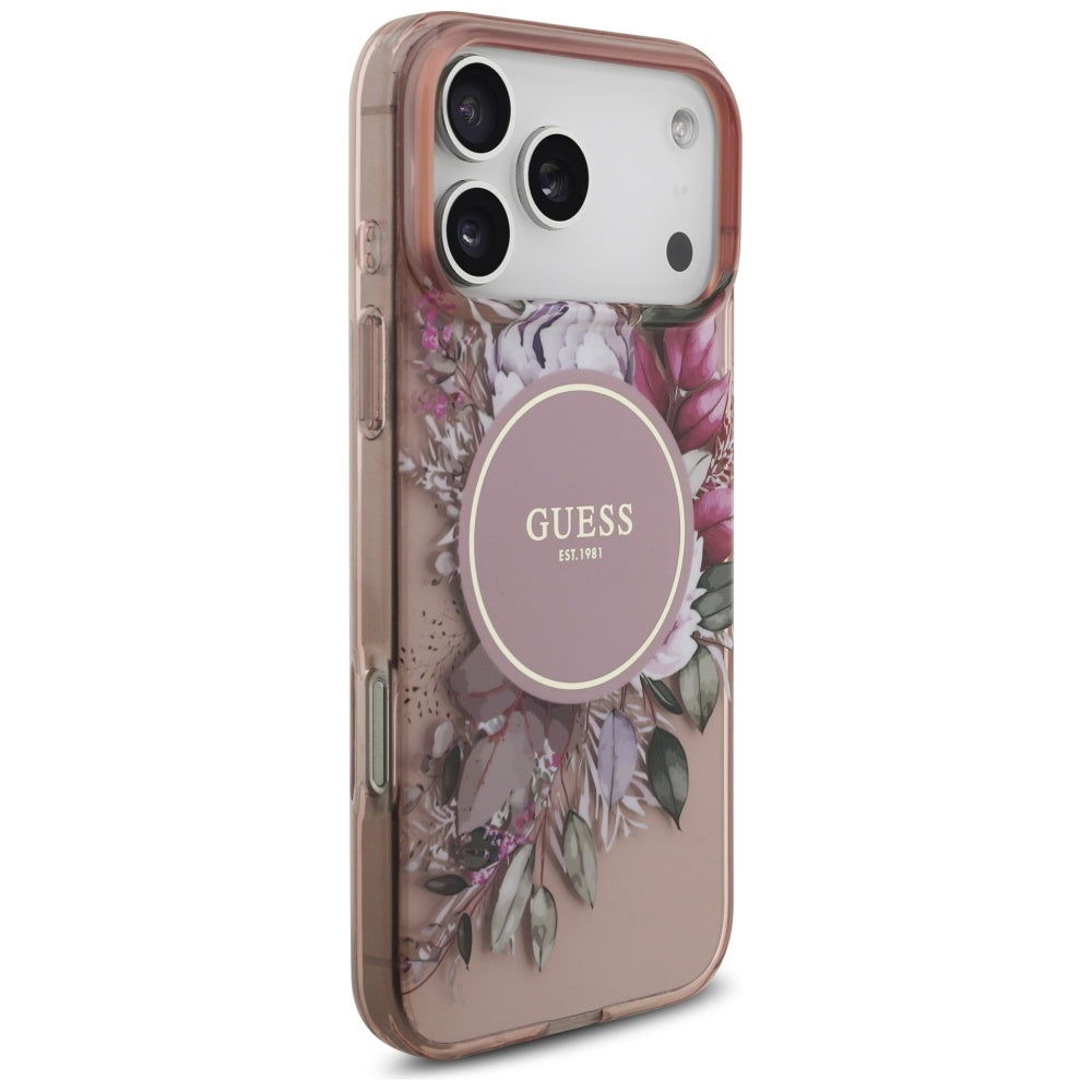 Custodia MagSafe per Apple iPhone 17 Pro Max, Guess, IML Flowers with Pearl Strap, Rosa