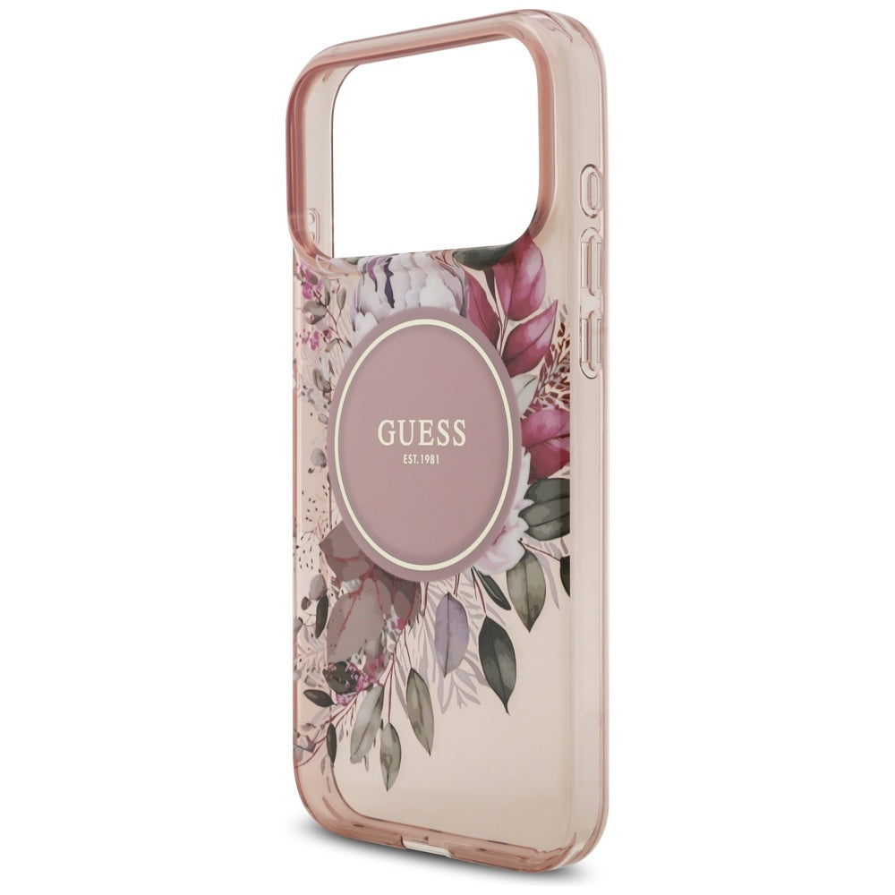 Custodia MagSafe per Apple iPhone 17 Pro Max, Guess, IML Flowers with Pearl Strap, Rosa