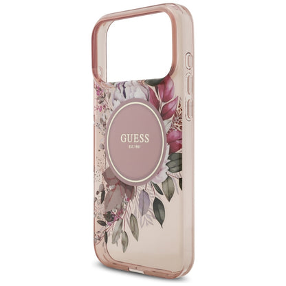 Custodia MagSafe per Apple iPhone 17 Pro Max, Guess, IML Flowers with Pearl Strap, Rosa