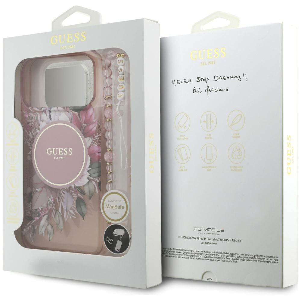 Custodia MagSafe per Apple iPhone 17 Pro Max, Guess, IML Flowers with Pearl Strap, Rosa