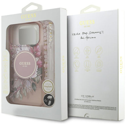 Custodia MagSafe per Apple iPhone 17 Pro Max, Guess, IML Flowers with Pearl Strap, Rosa