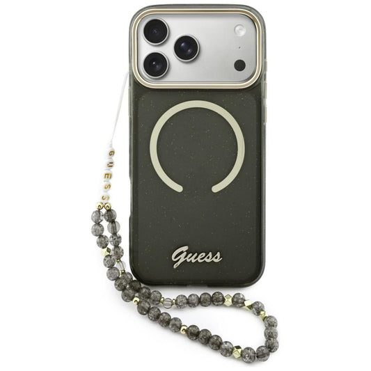 Custodia MagSafe per Apple iPhone 17 Pro Max, Guess, IML Glitter Script Strap, Nera