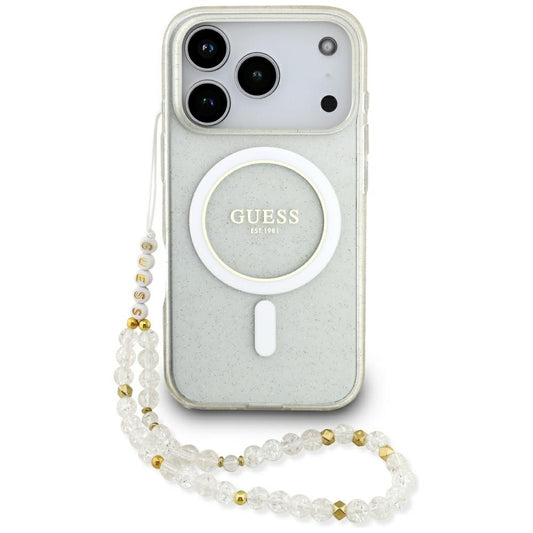 Custodia MagSafe per Apple iPhone 17 Pro Max, Guess, IML Glitter con Cinturino di Perle, Trasparente