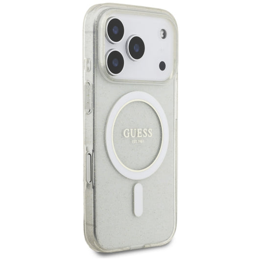 Custodia MagSafe per Apple iPhone 17 Pro Max, Guess, IML Glitter con Cinturino di Perle, Trasparente
