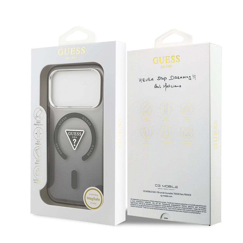 Custodia MagSafe per Apple iPhone 17 Pro Max, Guess, Logo Triangolo Gradiente IML, Nera Argentata