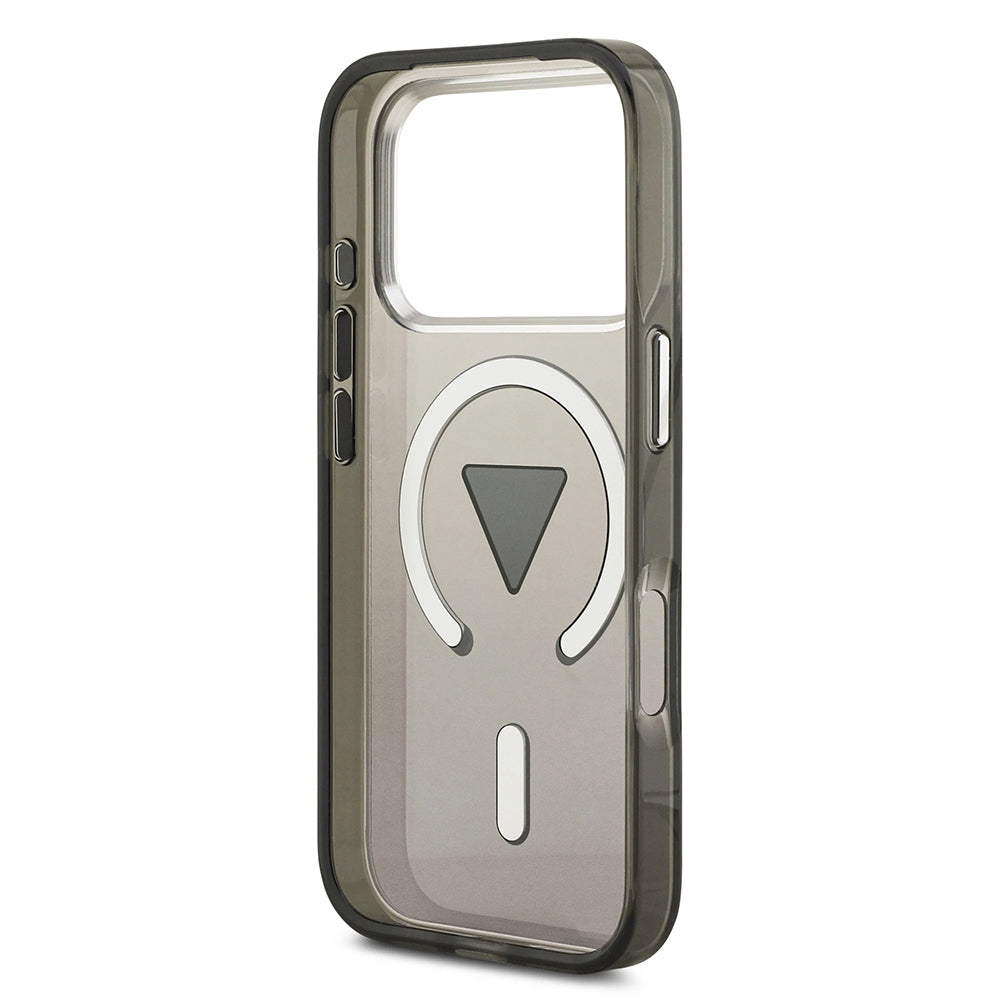 Custodia MagSafe per Apple iPhone 17 Pro Max, Guess, Logo Triangolo Gradiente IML, Nera Argentata