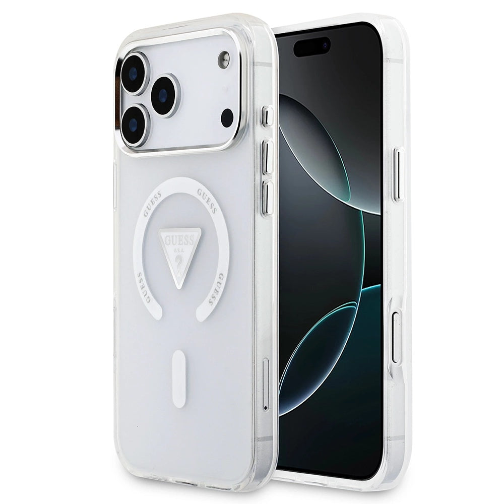 Custodia MagSafe per Apple iPhone 17 Pro Max, Guess, Logo Triangolo Gradiente IML, Trasparente