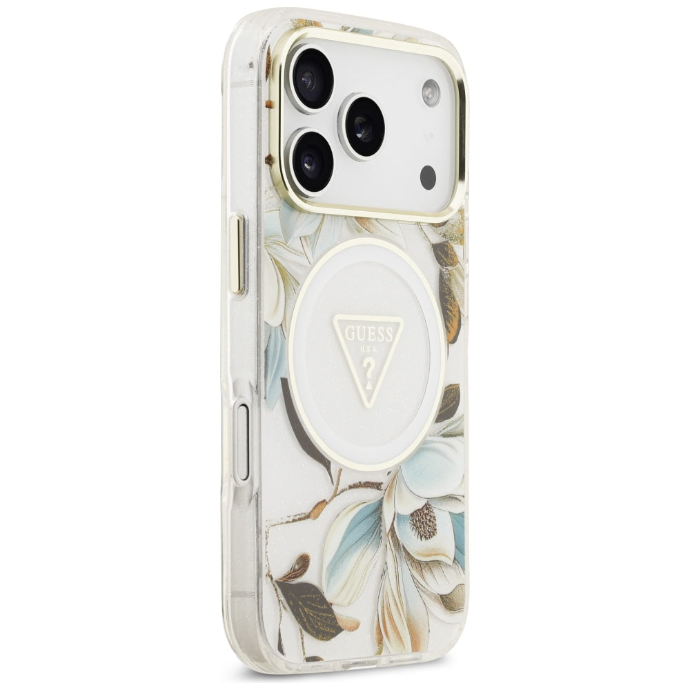 Custodia MagSafe per Apple iPhone 17 Pro Max, Guess, IML Metal Glitter Flowers Triangle, Bianca