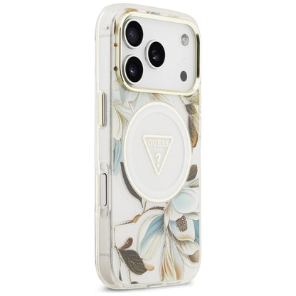 Custodia MagSafe per Apple iPhone 17 Pro Max, Guess, IML Metal Glitter Flowers Triangle, Bianca