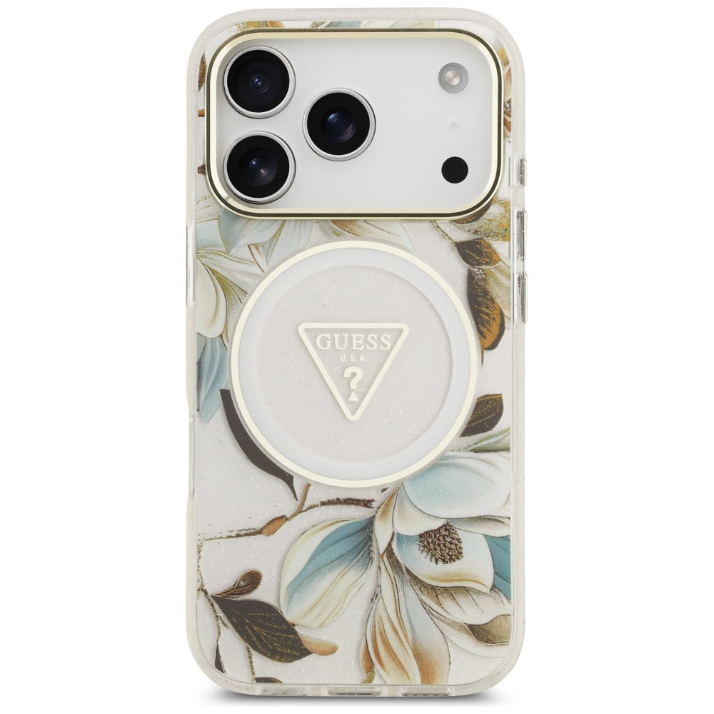 Custodia MagSafe per Apple iPhone 17 Pro Max, Guess, IML Metal Glitter Flowers Triangle, Bianca