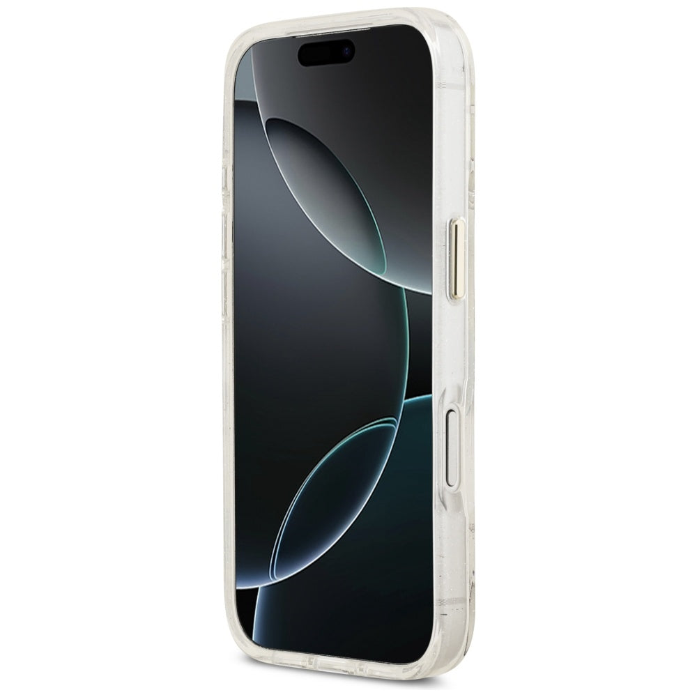 Custodia MagSafe per Apple iPhone 17 Pro Max, Guess, IML Metal Glitter Flowers Triangle, Bianca