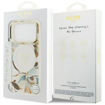 Custodia MagSafe per Apple iPhone 17 Pro Max, Guess, IML Metal Glitter Flowers Triangle, Bianca