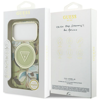 Custodia MagSafe per Apple iPhone 17 Pro Max, Guess, IML Metal Glitter Flowers Triangle, Verde