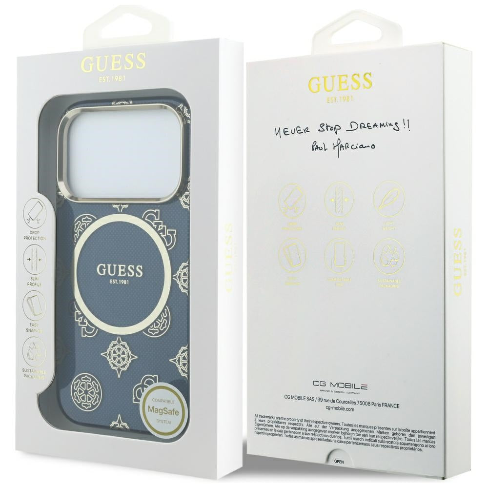 Custodia MagSafe per Apple iPhone 17 Pro Max, Guess, IML Peony Dot, Blu