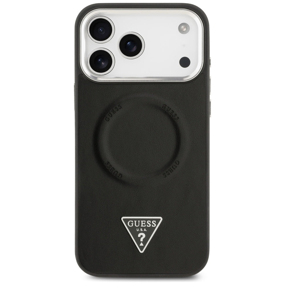 Custodia MagSafe per Apple iPhone 17 Pro Max, Guess, Logo Triangolo, Nera Argentata
