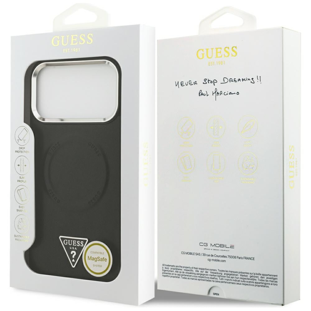 Custodia MagSafe per Apple iPhone 17 Pro Max, Guess, Logo Triangolo, Nera Argentata