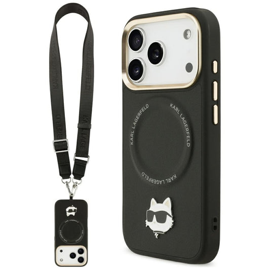 Custodia MagSafe per Apple iPhone 17 Pro Max, Karl Lagerfeld, Big Strap Choupette Metal Logo, Nera