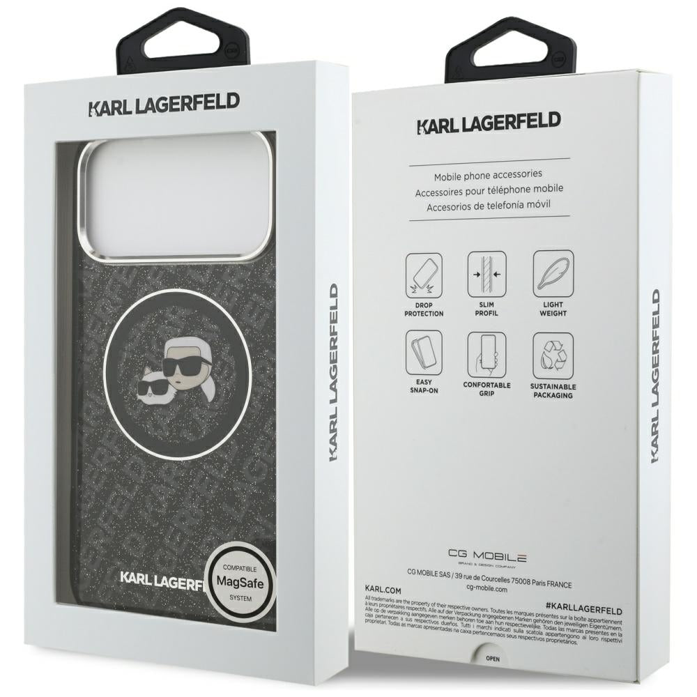Custodia MagSafe per Apple iPhone 17 Pro Max, Karl Lagerfeld, Glitter Karl & Choupette Head, Nera