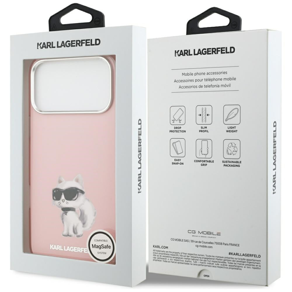 Custodia MagSafe per Apple iPhone 17 Pro Max, Karl Lagerfeld, IML Aquarelle Logo Choupette, Rosa