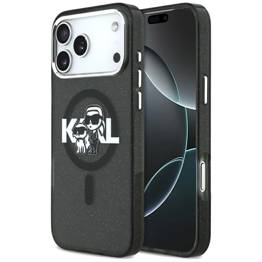 Custodia MagSafe per Apple iPhone 17 Pro Max, Karl Lagerfeld, IML Sketch Logo Glitter Karl & Choupette, Nera