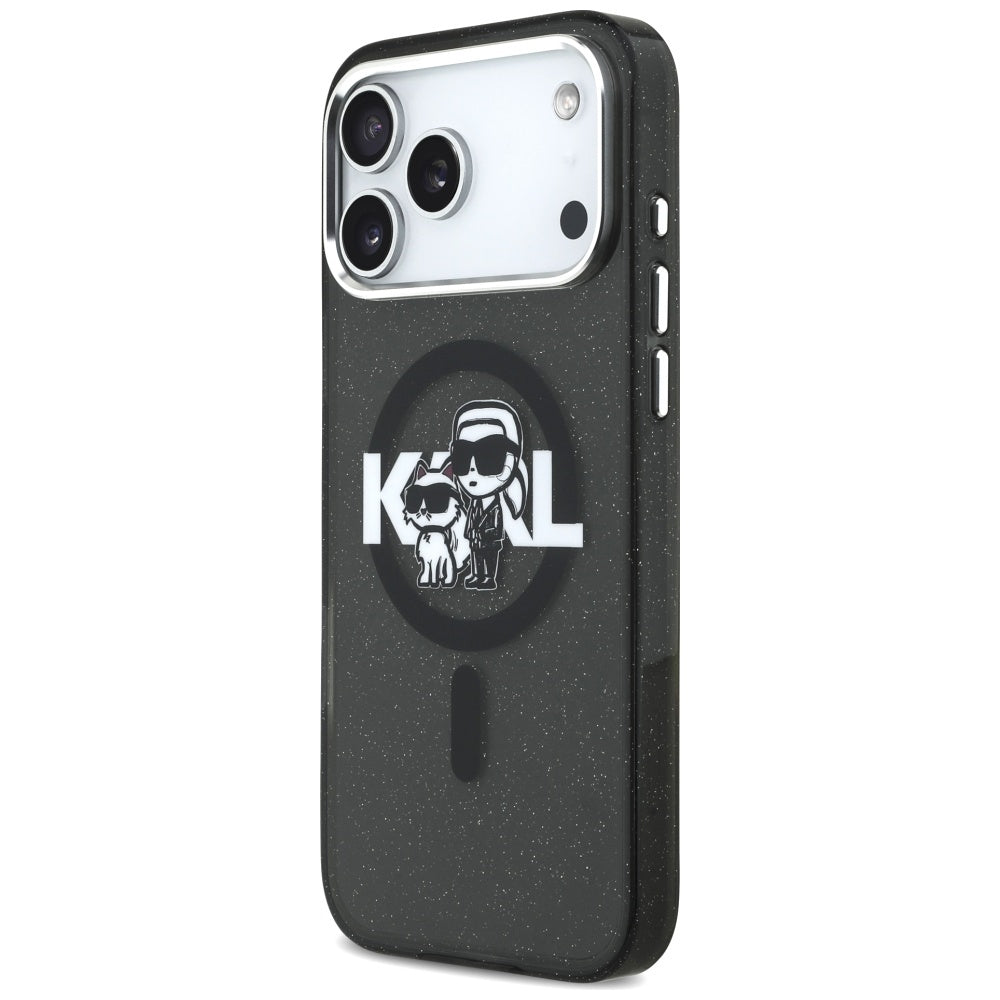 Custodia MagSafe per Apple iPhone 17 Pro Max, Karl Lagerfeld, IML Sketch Logo Glitter Karl & Choupette, Nera
