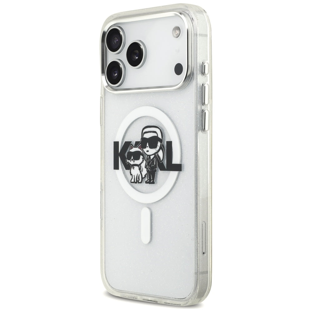 MagSafe Case for Apple iPhone 17 Pro Max, Karl Lagerfeld, IML Sketch Logo Glitter Karl & Choupette, Transparent