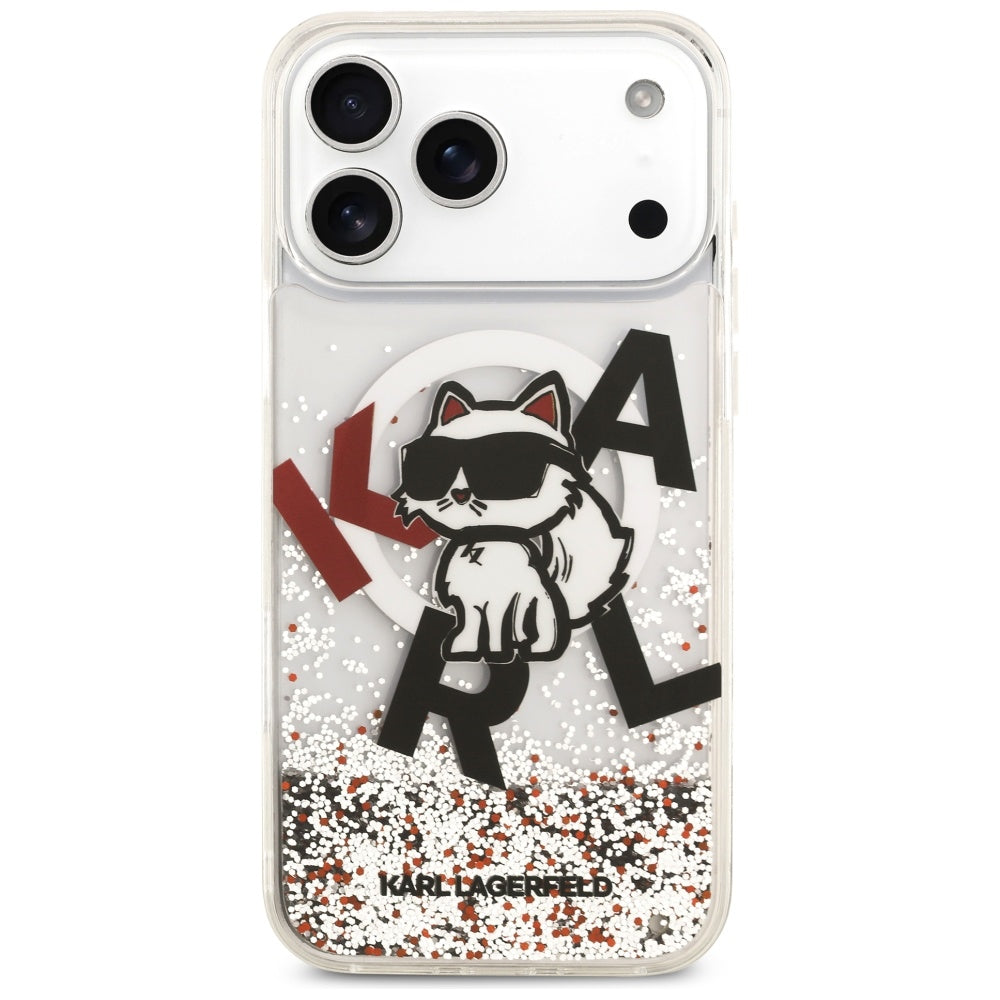 Custodia MagSafe per Apple iPhone 17 Pro Max, Karl Lagerfeld, Liquid Glitter Logo Choupette, Trasparente