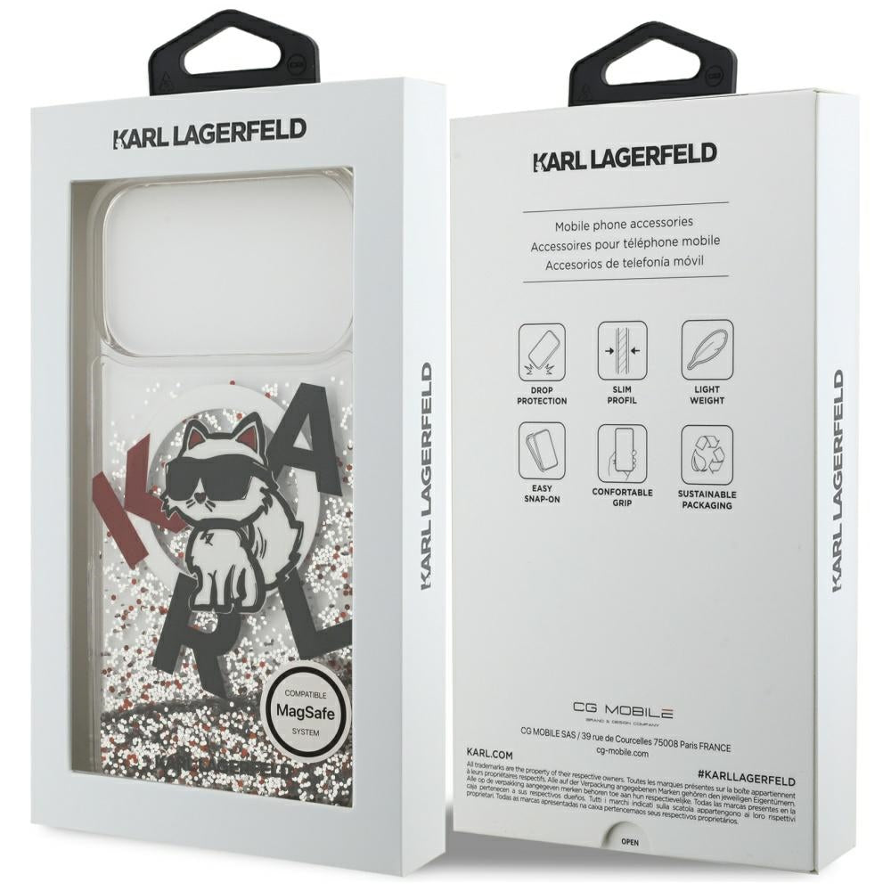 Custodia MagSafe per Apple iPhone 17 Pro Max, Karl Lagerfeld, Liquid Glitter Logo Choupette, Trasparente