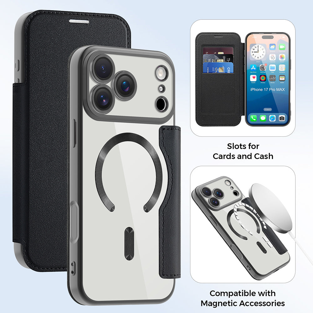 Custodia MagSafe per Apple iPhone 17 Pro Max, Techsuit, SmartMag Book, Nera
