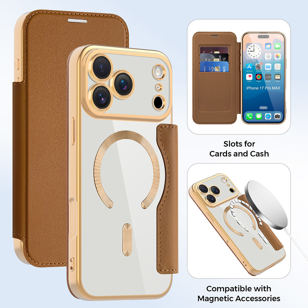 Custodia MagSafe per Apple iPhone 17 Pro, Techsuit, SmartMag Book, Marrone