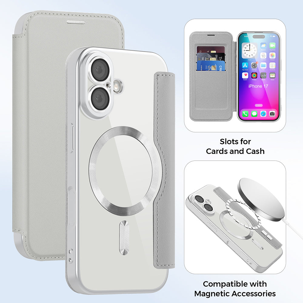 Custodia MagSafe per Apple iPhone 17, Techsuit, SmartMag Book, Grigio