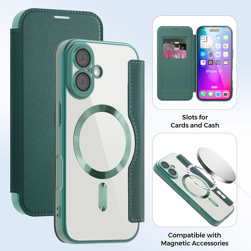 Custodia MagSafe per Apple iPhone 17, Techsuit, SmartMag Book, Verde