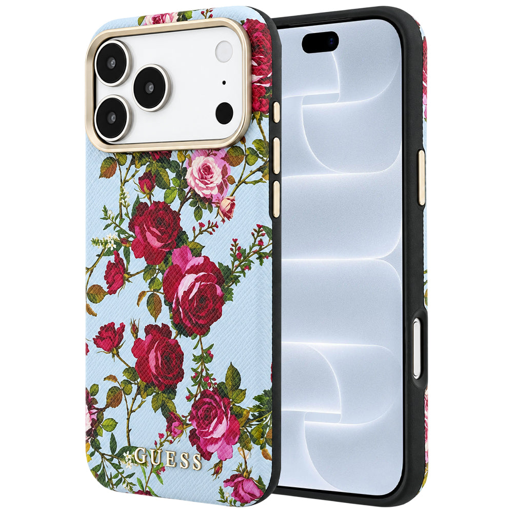 Custodia MagSafe per Apple iPhone 18 Pro / 17 Pro, Guess, Blossom Roses Print, blu fiorito