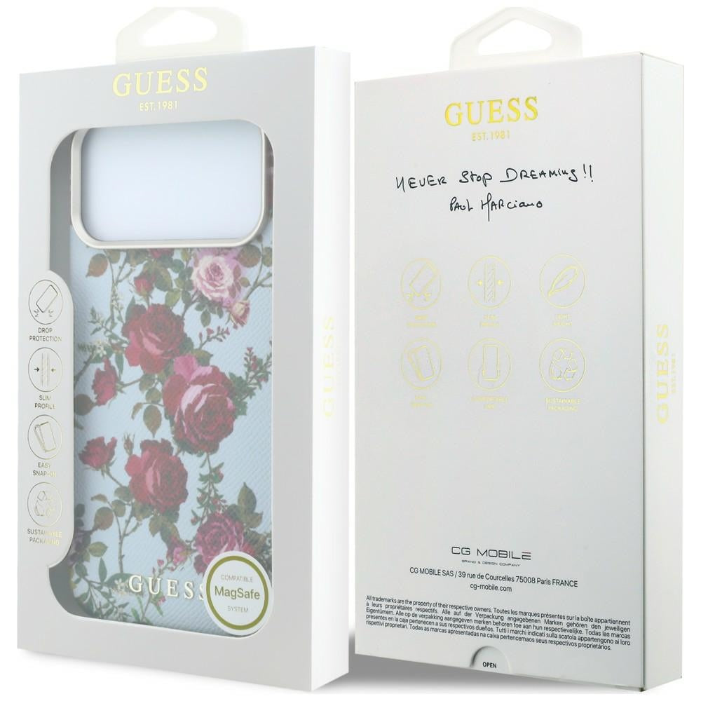 Custodia MagSafe per Apple iPhone 18 Pro / 17 Pro, Guess, Blossom Roses Print, blu fiorito