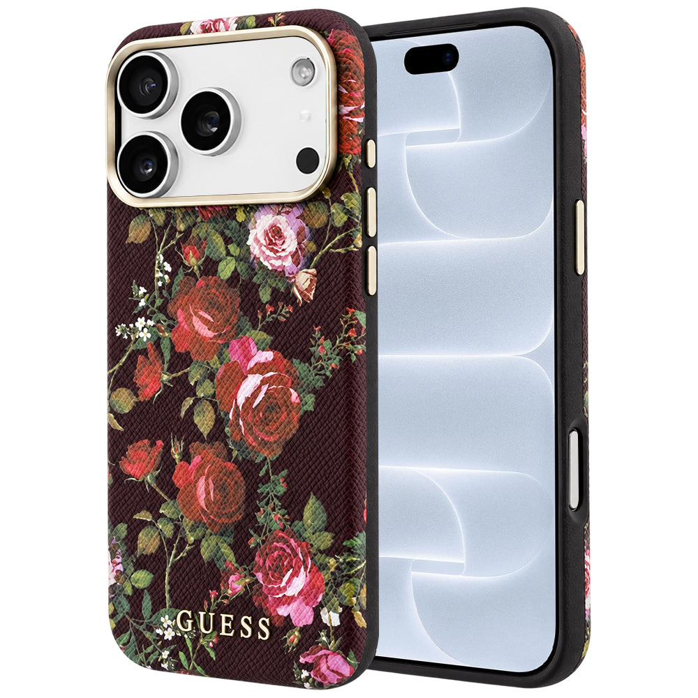 Custodia MagSafe per Apple iPhone 18 Pro / 17 Pro, Guess, Blossom Roses Print, bordeaux