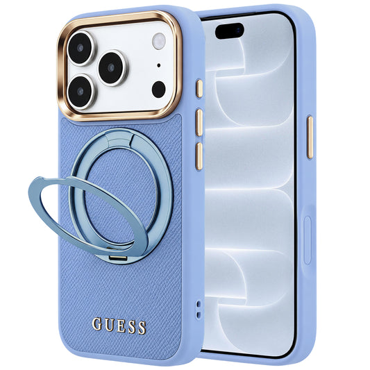 Custodia MagSafe per Apple iPhone 18 Pro / 17 Pro, Guess, Grained Ring Stand 360 Classic, bluette