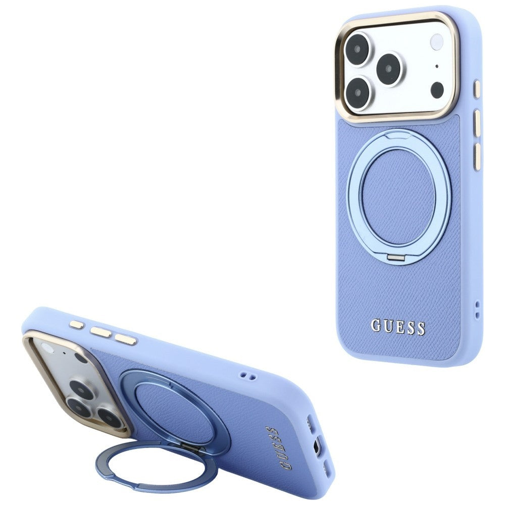 Custodia MagSafe per Apple iPhone 18 Pro / 17 Pro, Guess, Grained Ring Stand 360 Classic, bluette