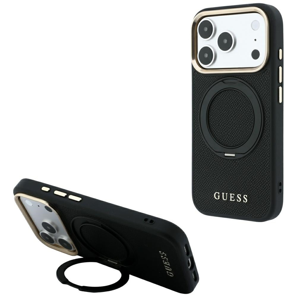 Custodia MagSafe per Apple iPhone 18 Pro / 17 Pro, Guess, Grained Ring Stand 360 Classic, nera