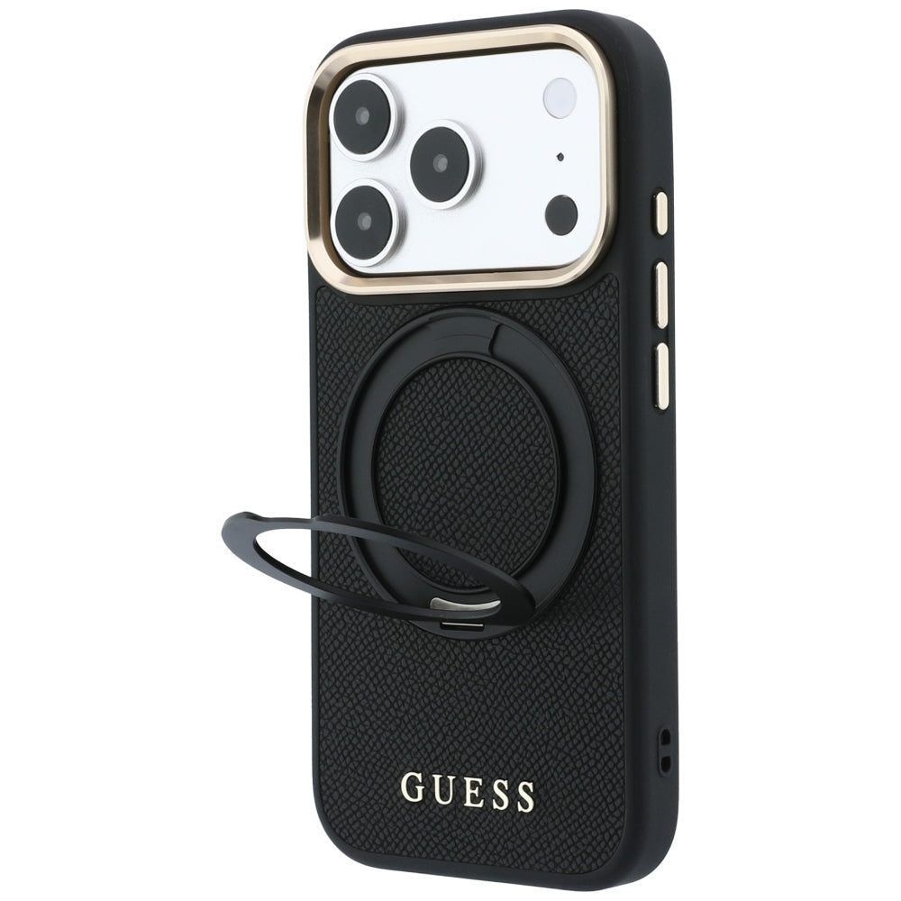 Custodia MagSafe per Apple iPhone 18 Pro / 17 Pro, Guess, Grained Ring Stand 360 Classic, nera