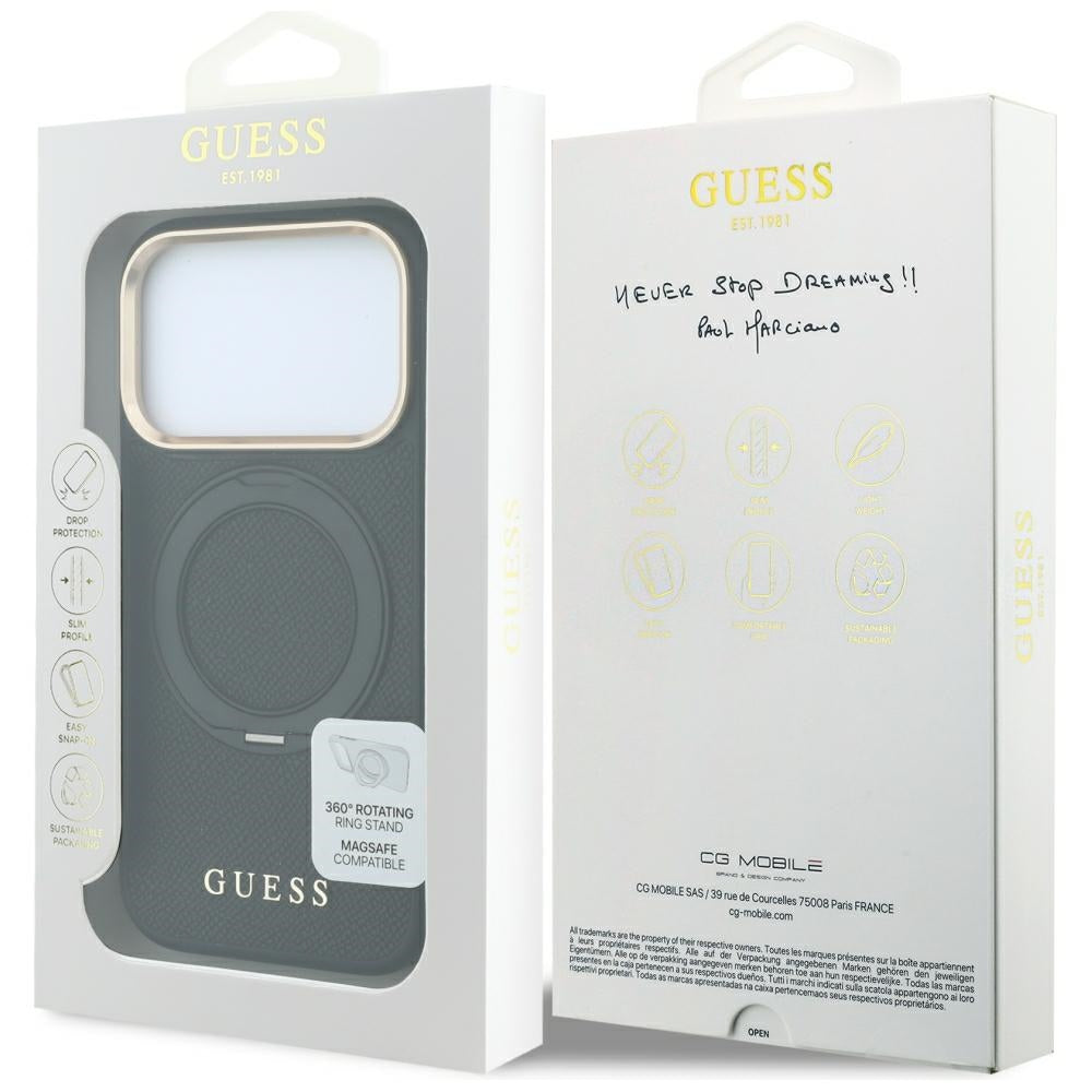 Custodia MagSafe per Apple iPhone 18 Pro / 17 Pro, Guess, Grained Ring Stand 360 Classic, nera