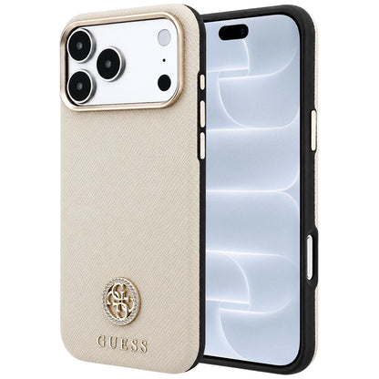 Custodia MagSafe per Apple iPhone 18 Pro / 17 Pro, Guess, Logo Strass Rotondo Grana, Beige
