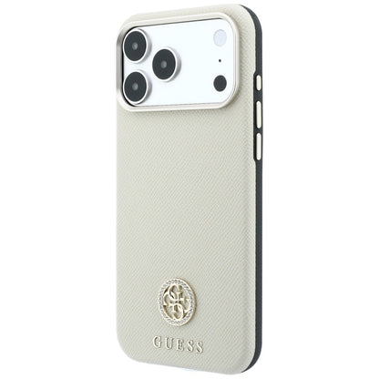 Custodia MagSafe per Apple iPhone 18 Pro / 17 Pro, Guess, Logo Strass Rotondo Grana, Beige