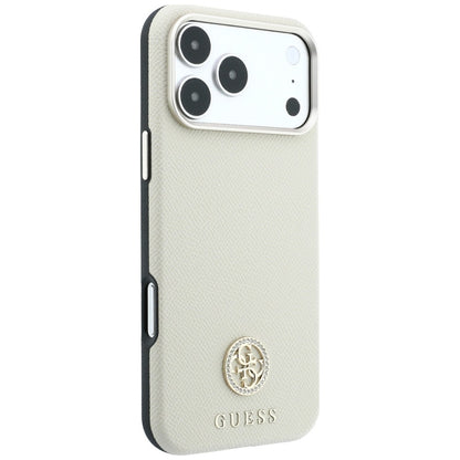 Custodia MagSafe per Apple iPhone 18 Pro / 17 Pro, Guess, Logo Strass Rotondo Grana, Beige