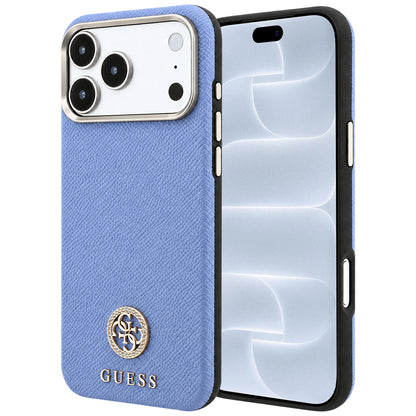 Custodia MagSafe per Apple iPhone 18 Pro / 17 Pro, Guess, Logo Rotondo con Strass Granulato, Blu