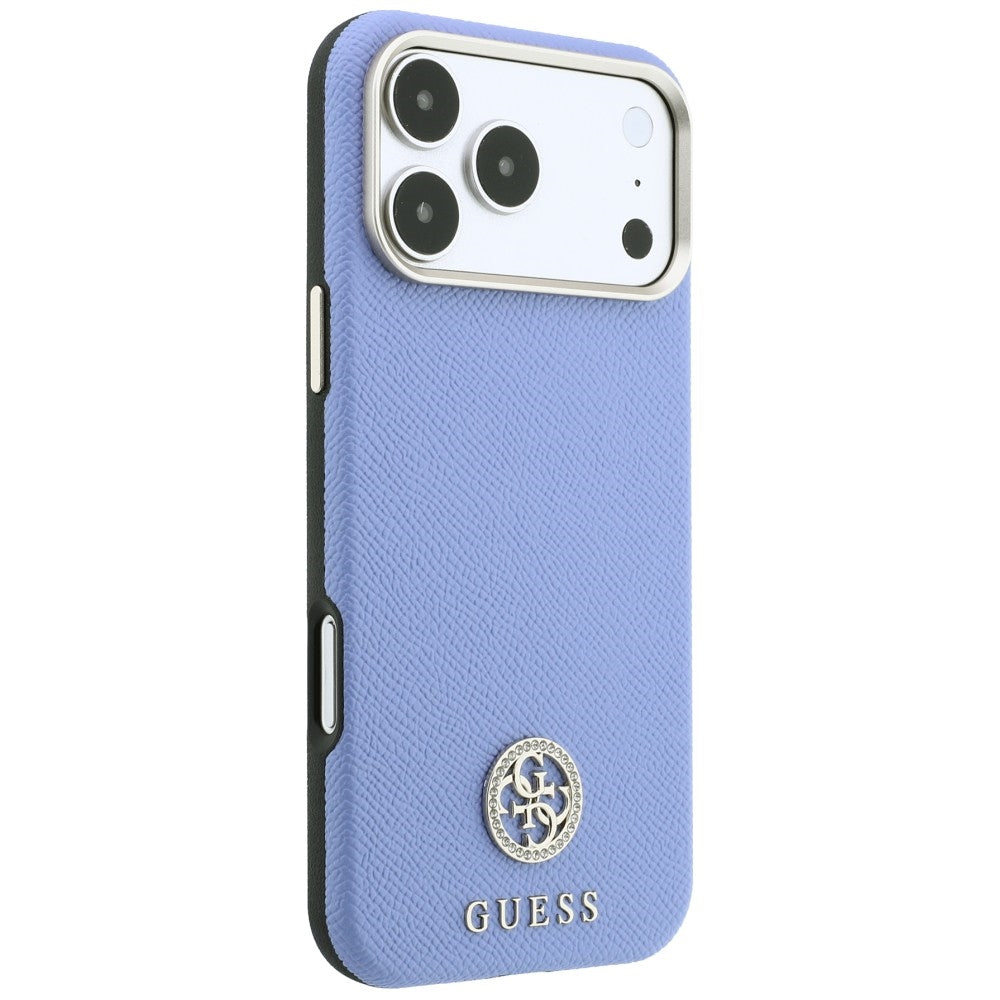 Custodia MagSafe per Apple iPhone 18 Pro / 17 Pro, Guess, Logo Rotondo con Strass Granulato, Blu