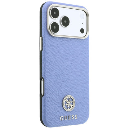 Custodia MagSafe per Apple iPhone 18 Pro / 17 Pro, Guess, Logo Rotondo con Strass Granulato, Blu