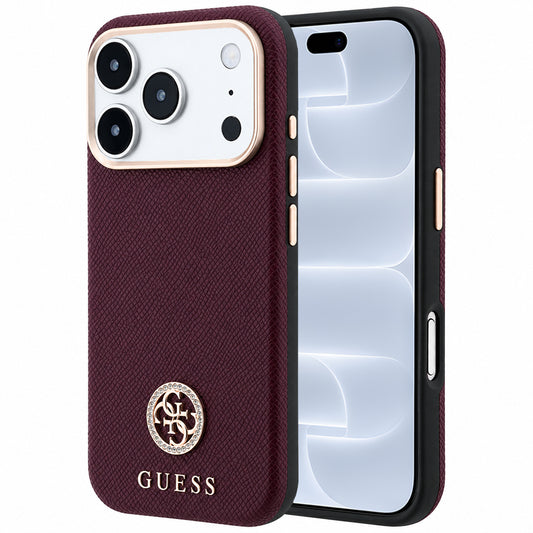 Custodia MagSafe per Apple iPhone 18 Pro / 17 Pro, Guess, Logo Rotondo con Strass Granulato, Vinaccia