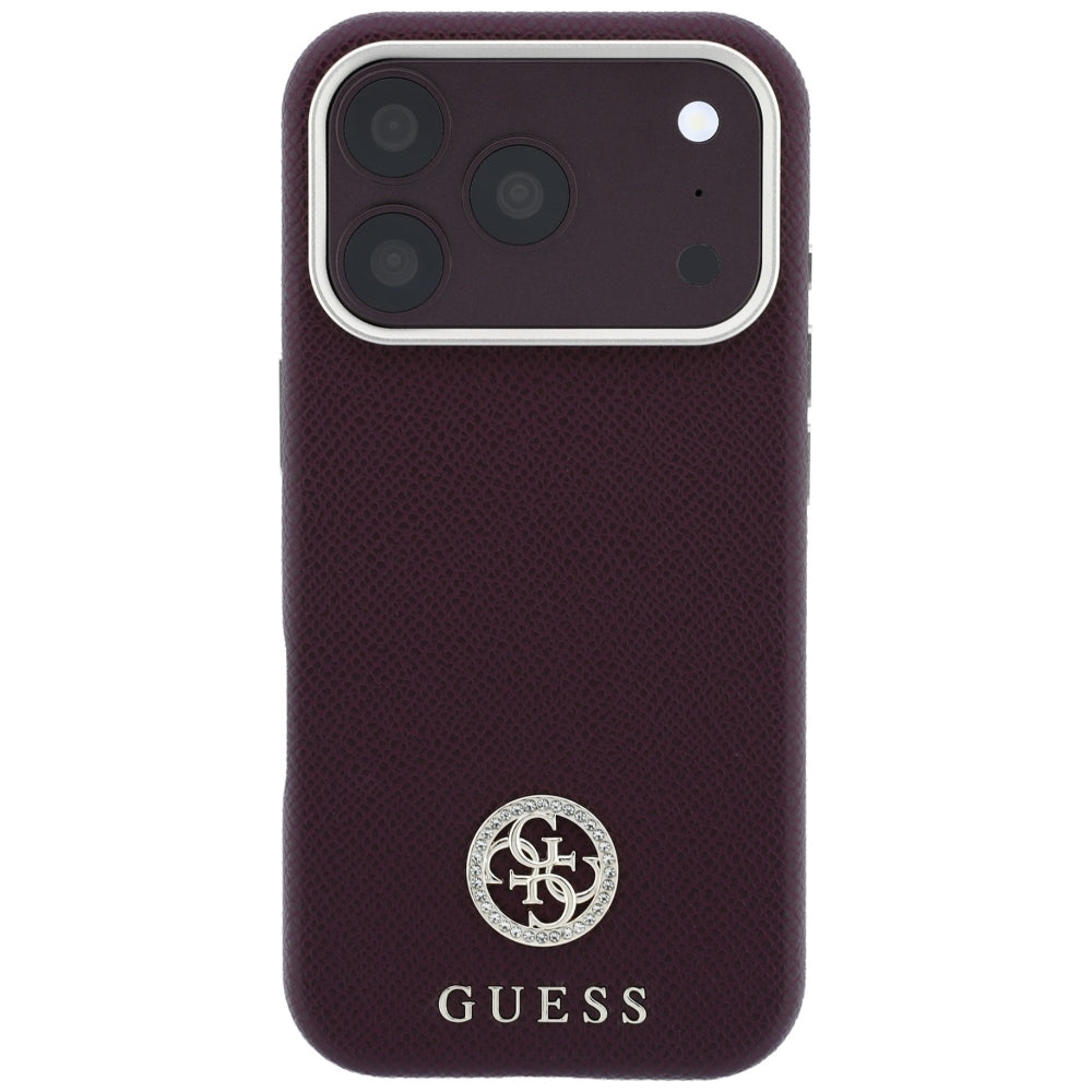 Custodia MagSafe per Apple iPhone 18 Pro / 17 Pro, Guess, Logo Rotondo con Strass Granulato, Vinaccia